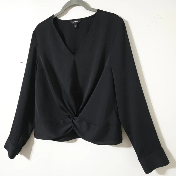 ✨️4/$20. Black Chiffon Long Sleeve Cropped Dress Shirt with Faux Knot Front, M - Picture 4 of 16